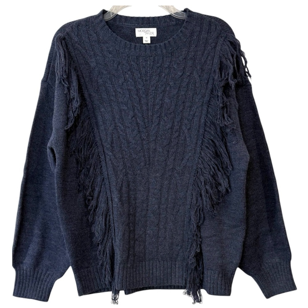 Morgan Taylor Sweater Fringe Cable Knit Sweater Boho Coastal Navy Size 1X NWT